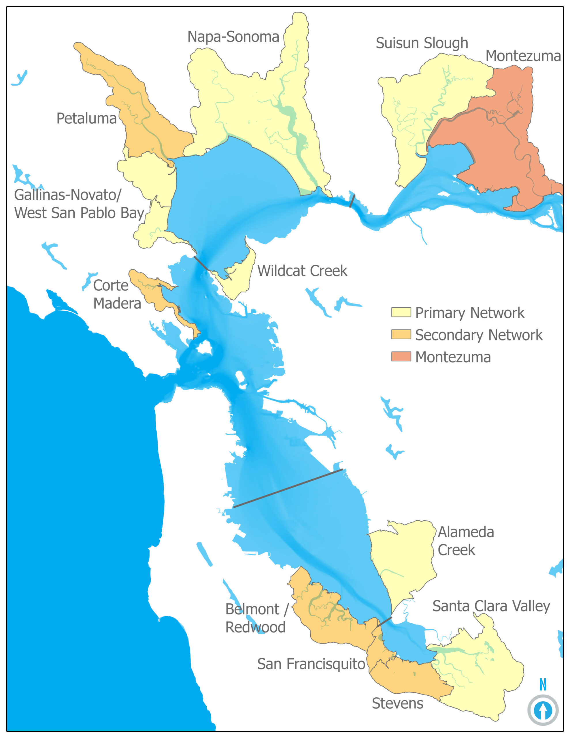 map of the Bay showing the locations of the Primary Network, Secondary Network, and Montezuma