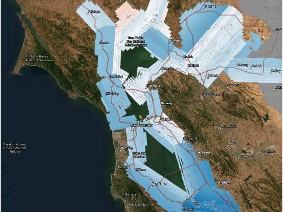 Map of Bay-Delta showing lidar flight path covering the shoreline