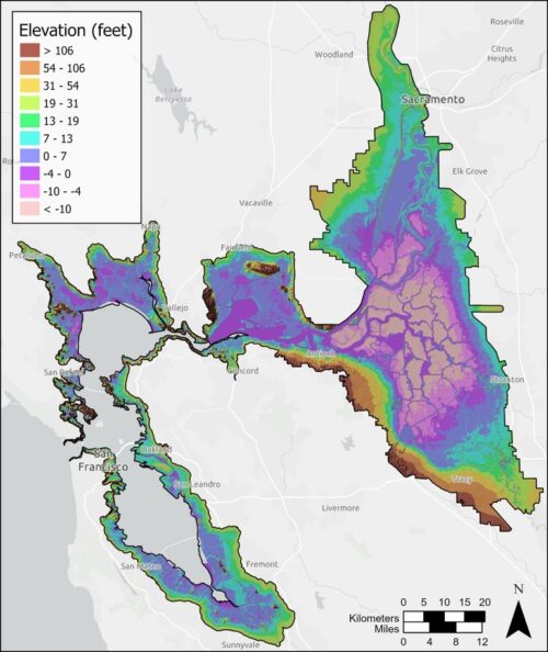 Lidar map of the Bay and Delta, showing large areas of low elevation in the Delta